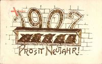Glückwunsch Neujahr, Jahreszahl 1907, Schweine