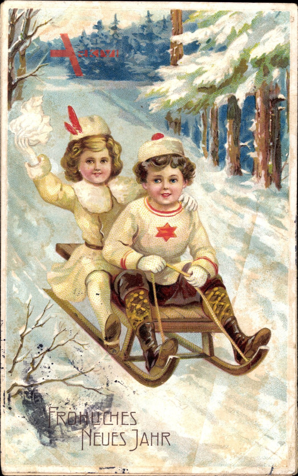 Glückwunsch Neujahr, Junge und Mädchen auf Schlitten