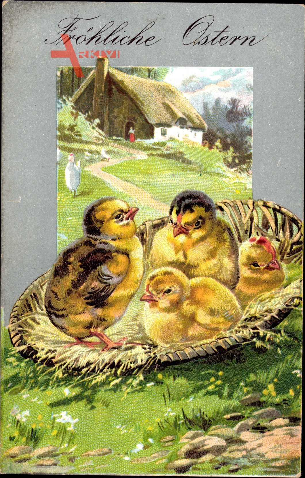 Glückwunsch Ostern, Vier Küken in einem Korb