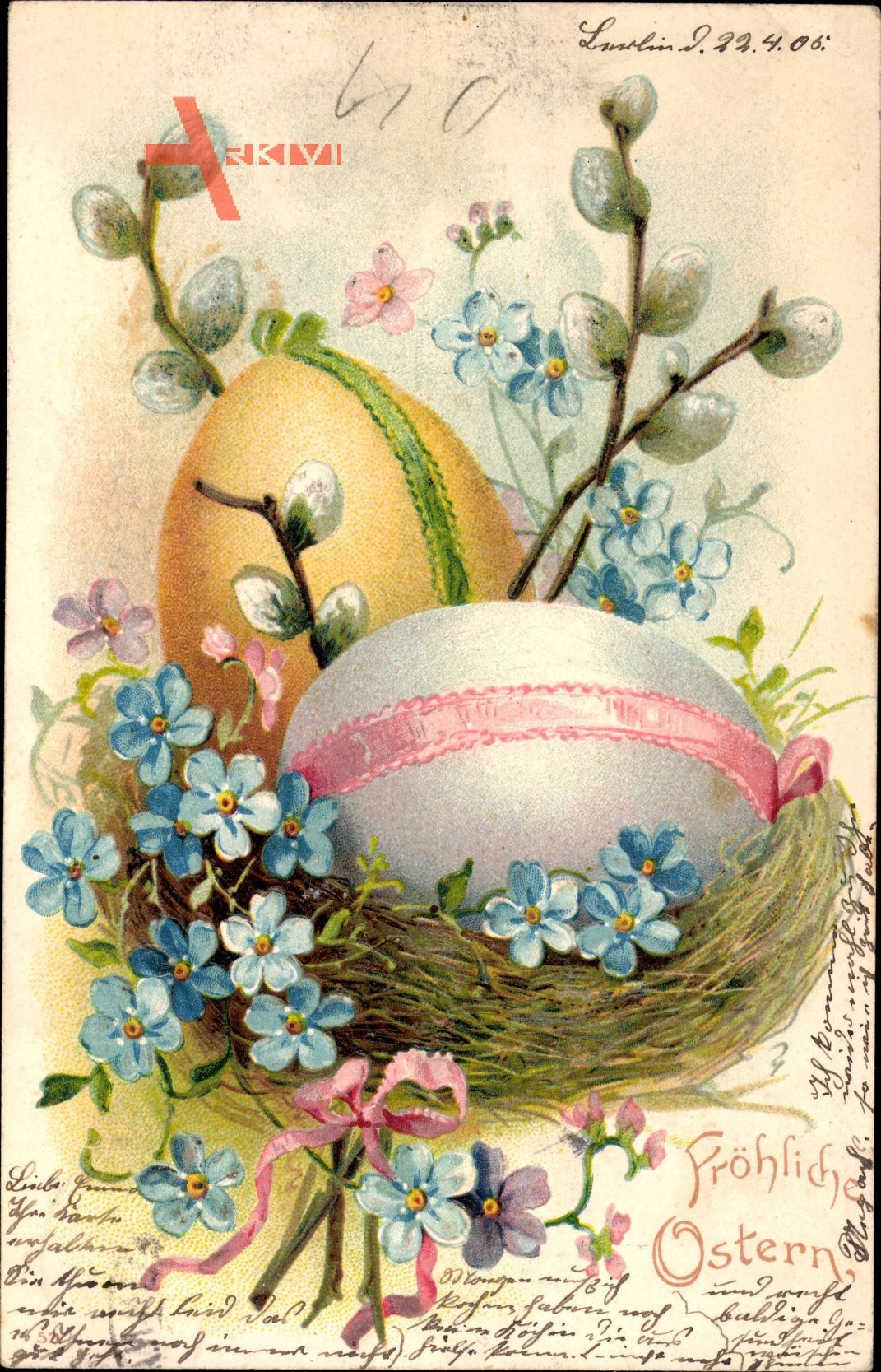 Glückwunsch Ostern, Ostereier, Weidenkätzchen, blaue Blüten