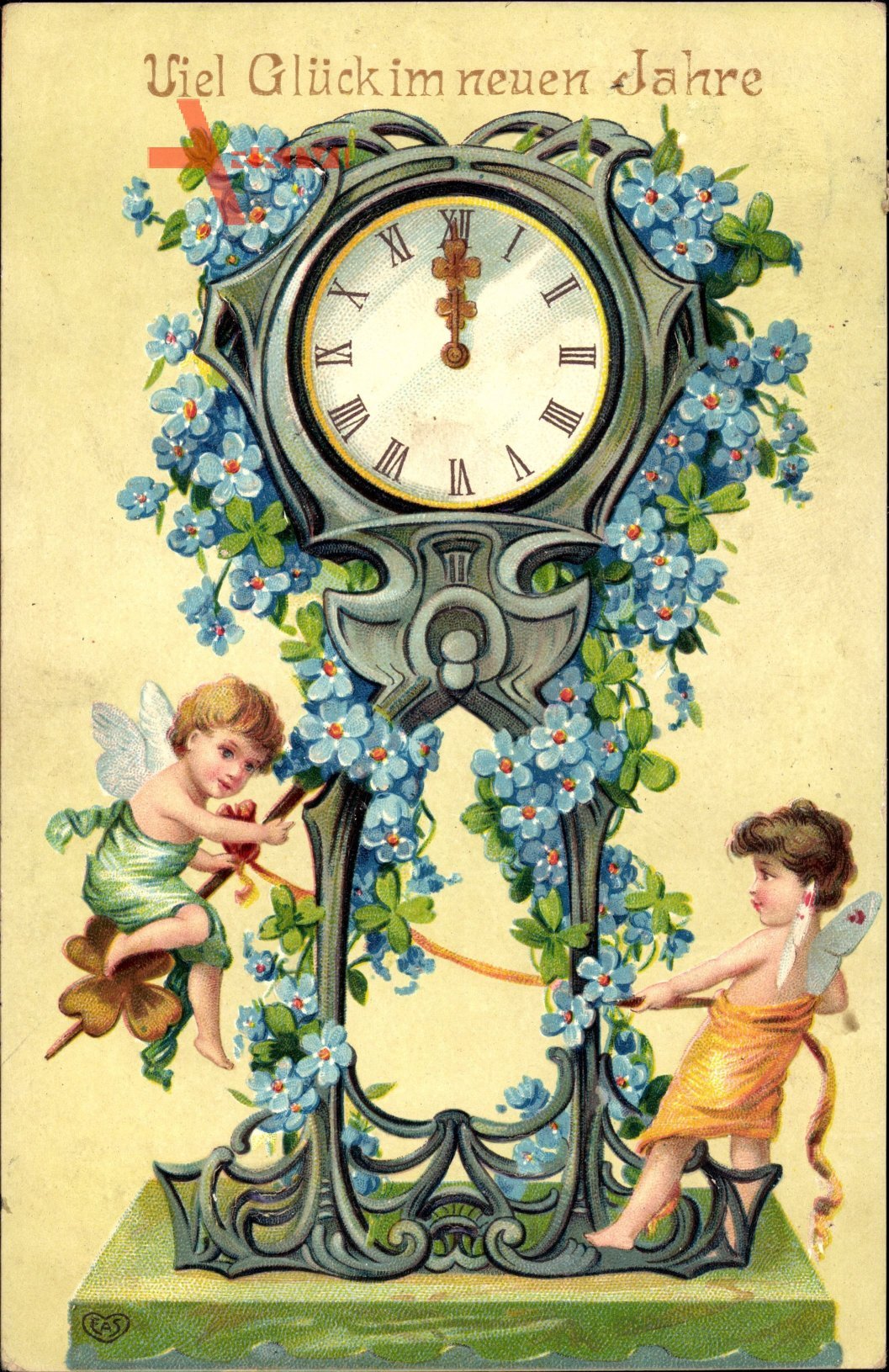 Glückwunsch Neujahr, Uhr, zwei Engel, blaue Blüten