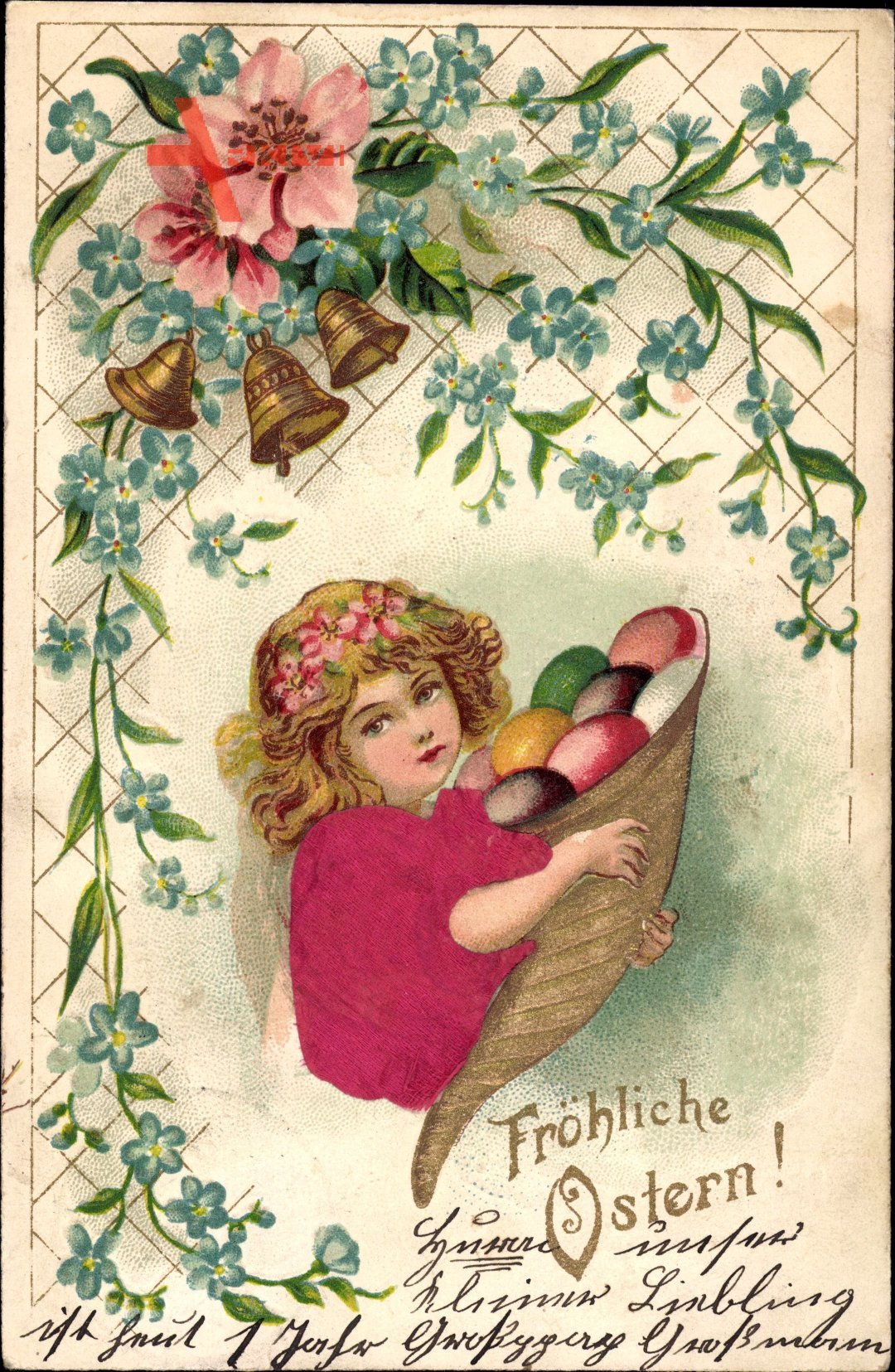 Glückwunsch Ostern, Mädchen mit Ostereiern, Glocken