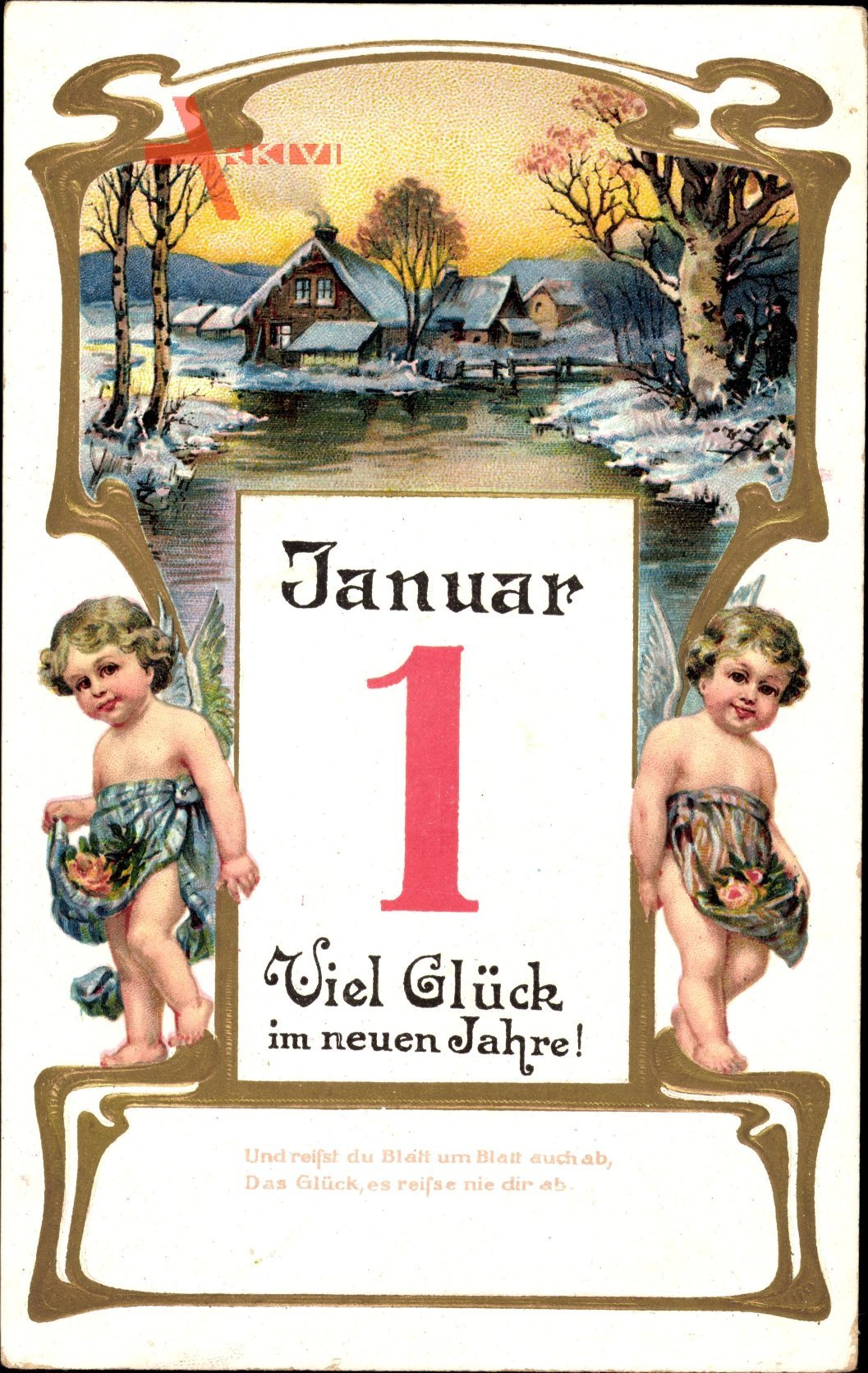 Passepartout Glückwunsch Neujahr, Zwei Engel, Fluss, Schnee, Haus