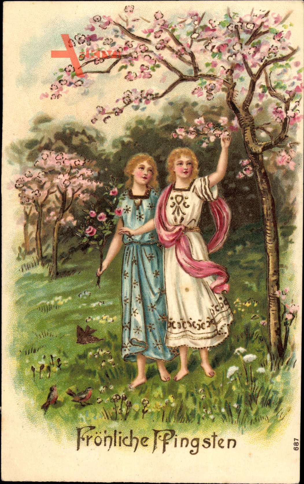 Glückwunsch Pfingsten, Zwei junge Mädchen, Baumblüte