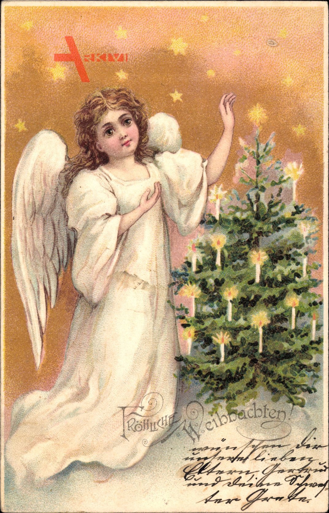 Glückwunsch Weihnachten, Engel mit Weihnachtsbaum