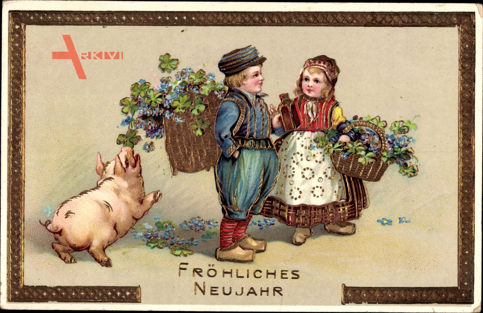 Glückwunsch Neujahr, Schwein, Kinder, Kleeblätter