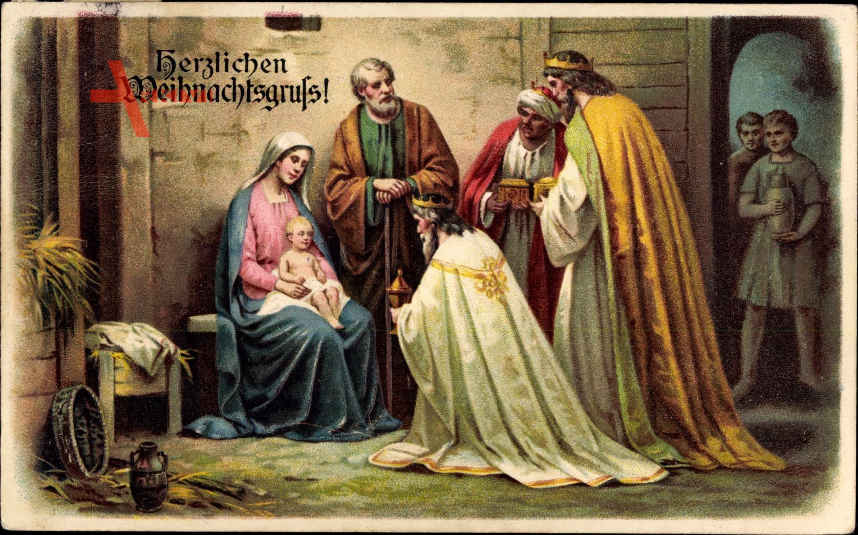 Glückwunsch Weihnachten, die heiligen drei Könige, Jesus, Maria, Josef
