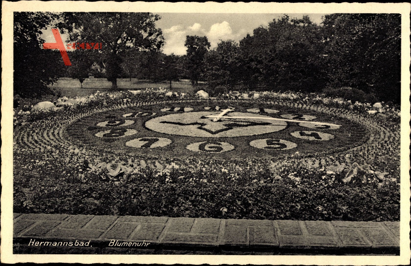 Hermannsbad Polen, Ansicht einer Blumenuhr im Park