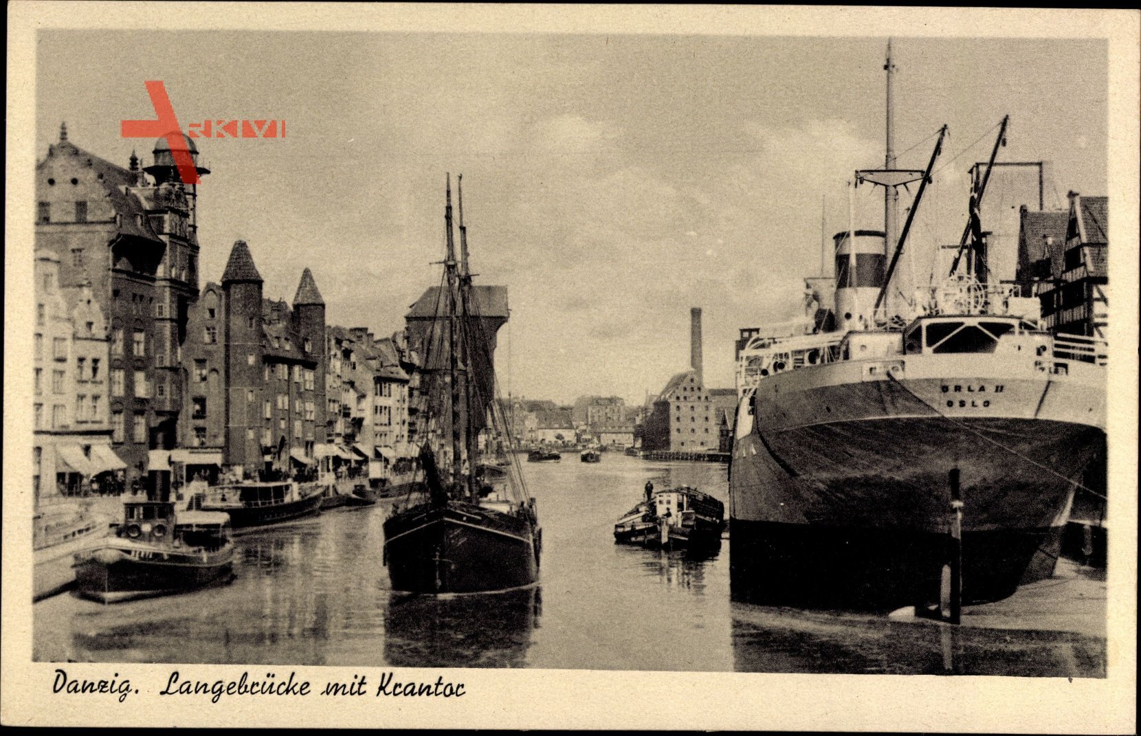 Gdańsk Danzig, Langebrücke mit Krantor und Dampfer Orla II Oslo