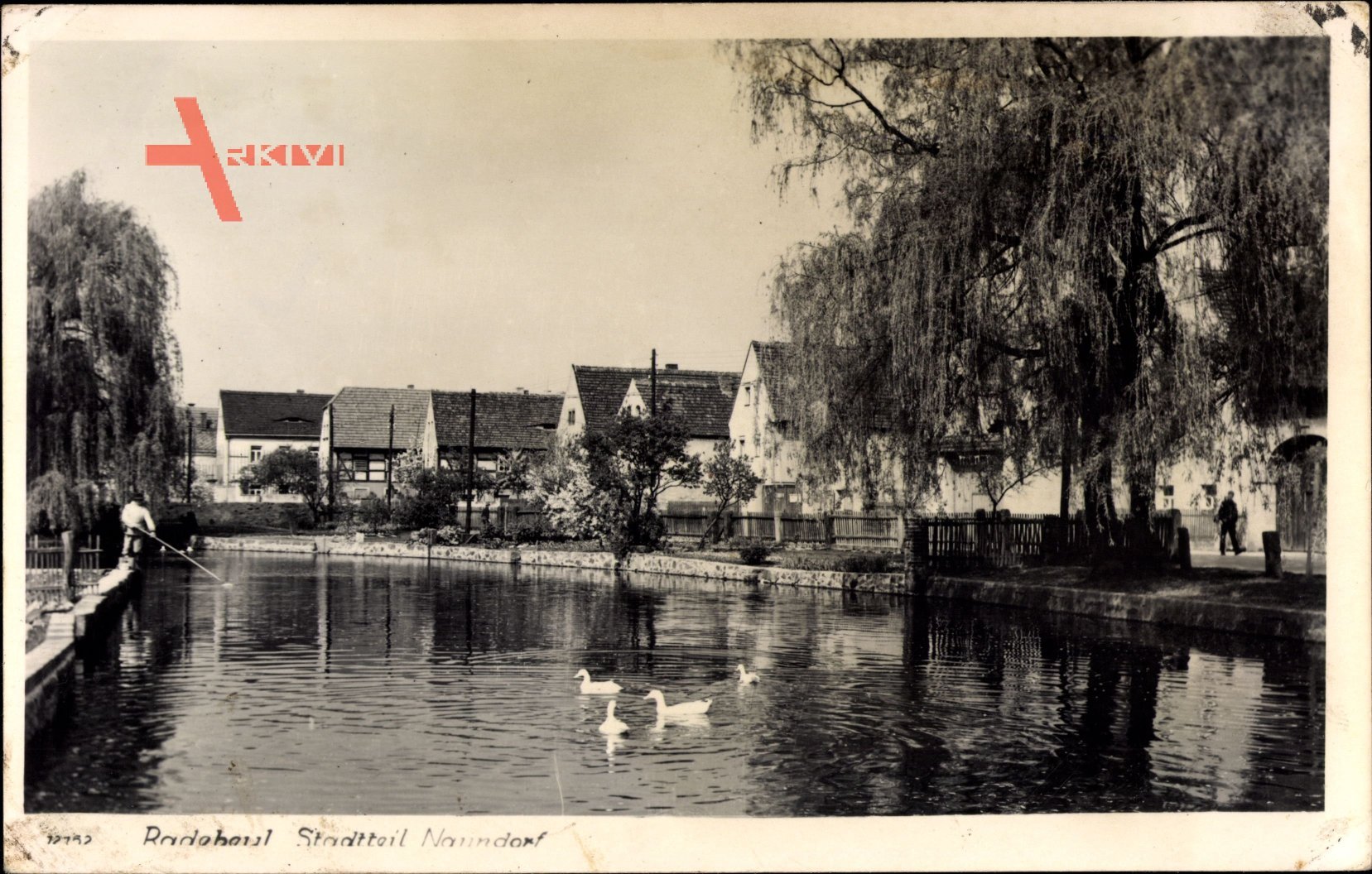 Naundorf Radebeul, Partie am Fluss mit Enten, Wohnhäuser