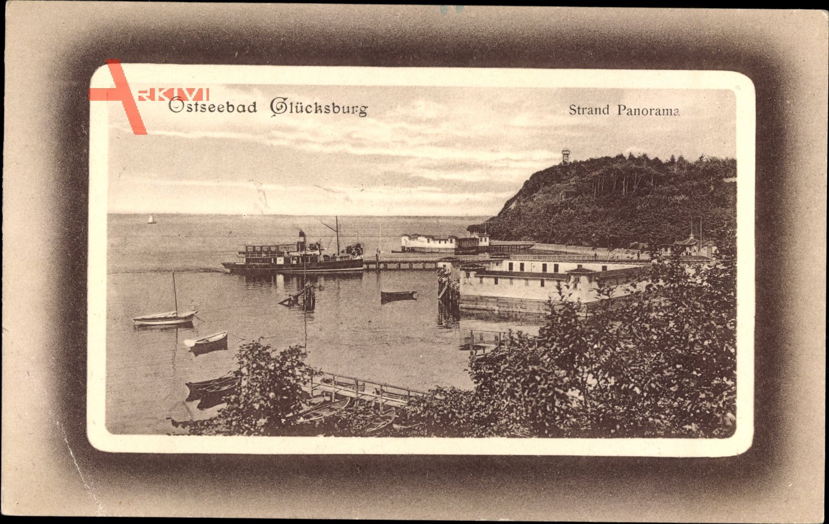Glücksburg an der Ostsee, Strand Panorama, Anlegestelle, Dampfer