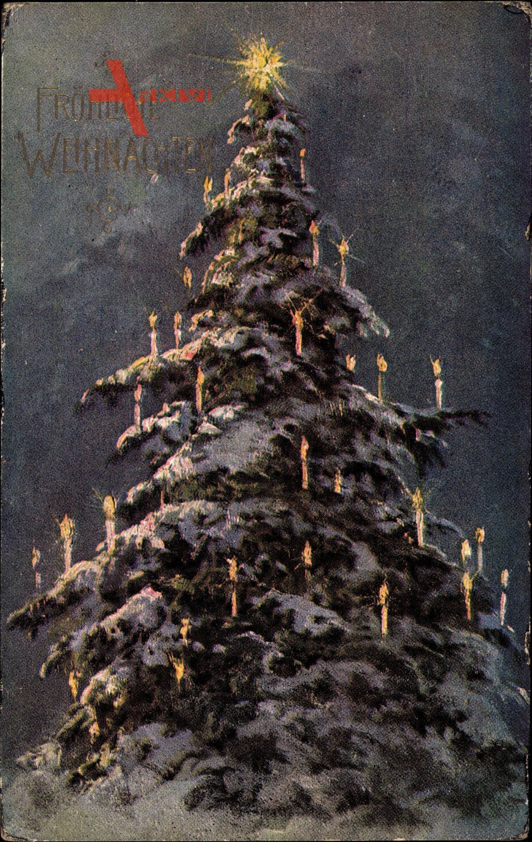 Frohe Weihnachten, Tannenbaum, Stern, Kerzen, Schnee