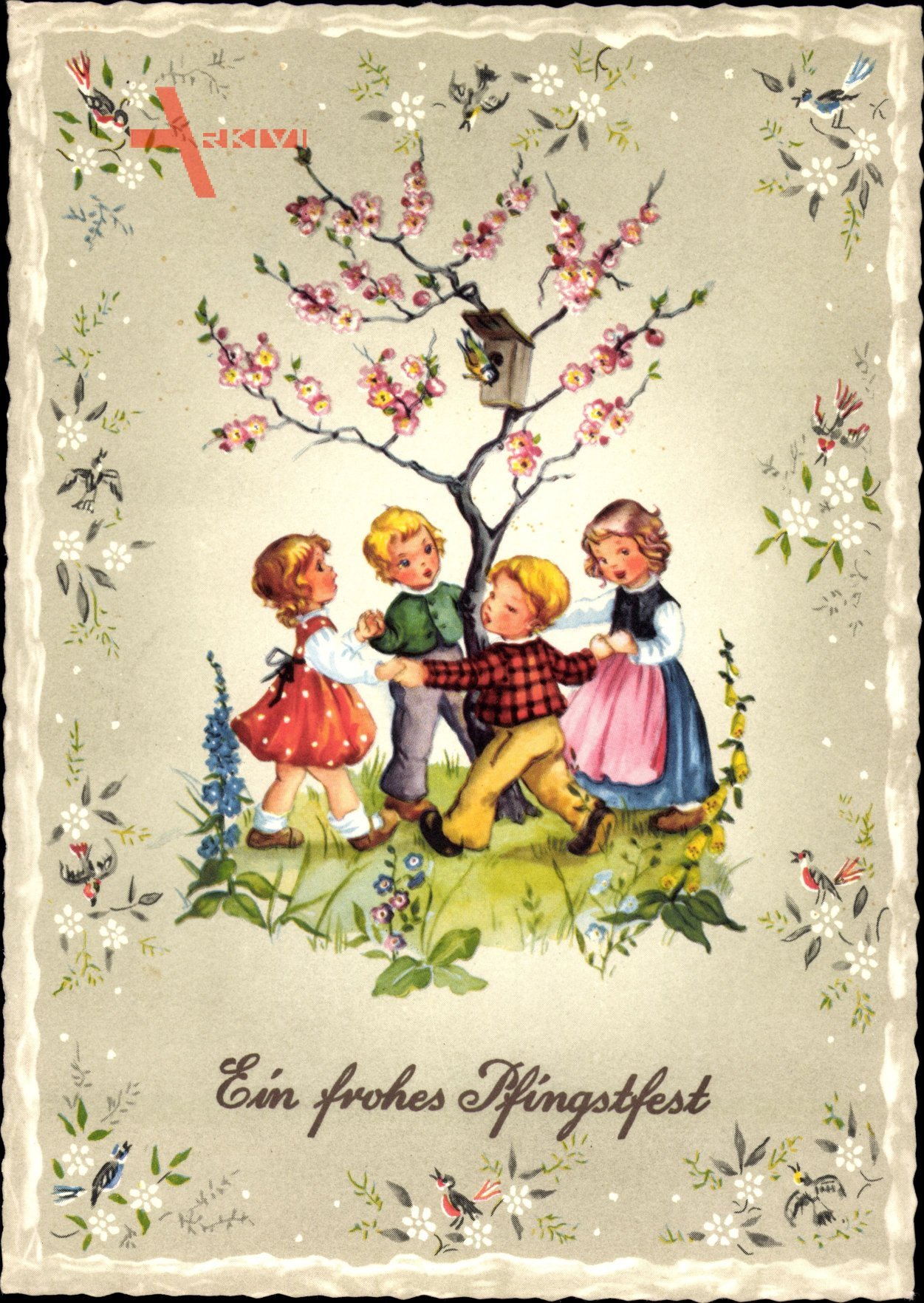 Glückwunsch Pfingsten, Kinder tanzen um einen Baum, Vogelhaus