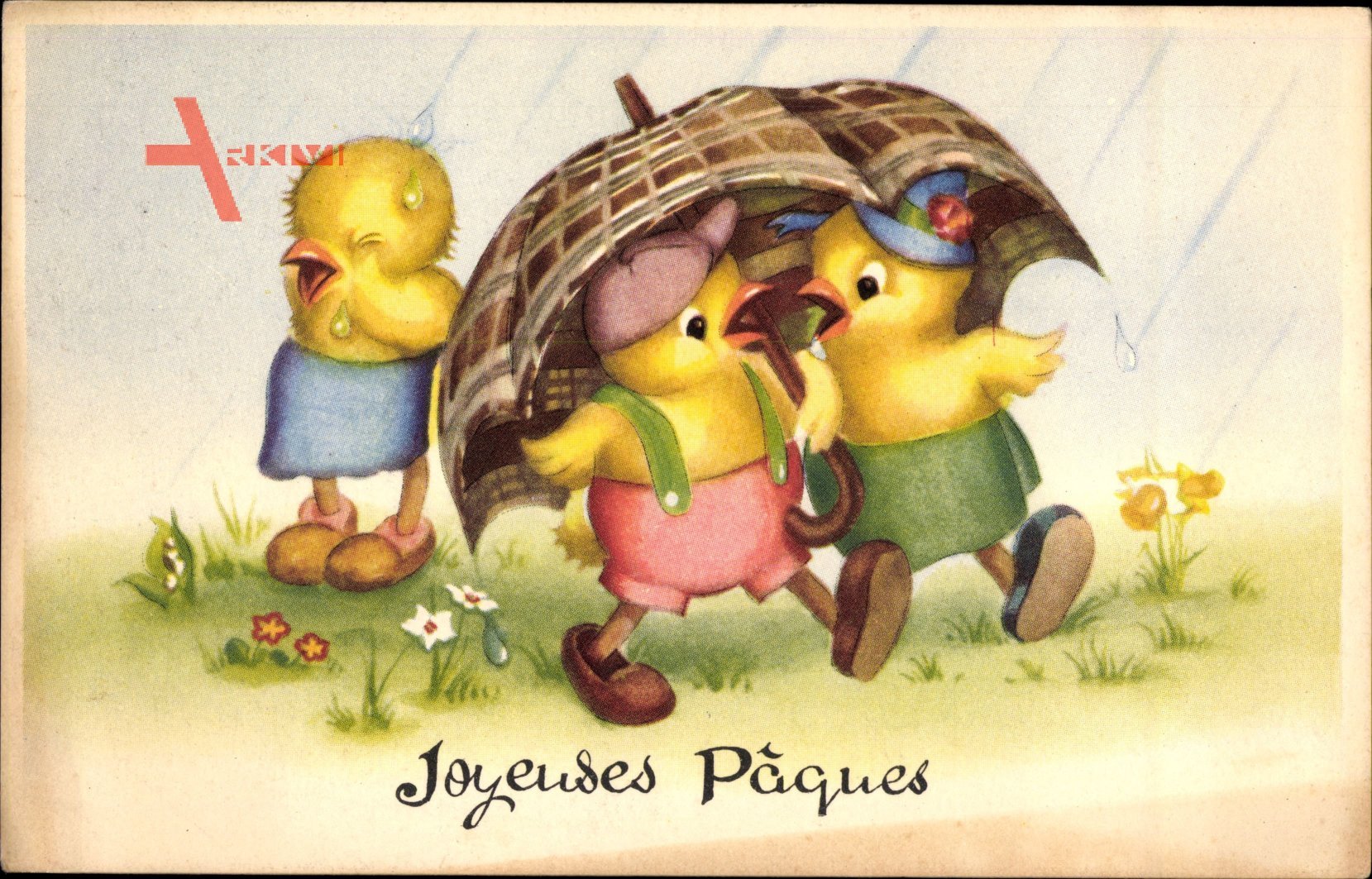 Glückwunsch Ostern, Küken im Regen, Regenschirm