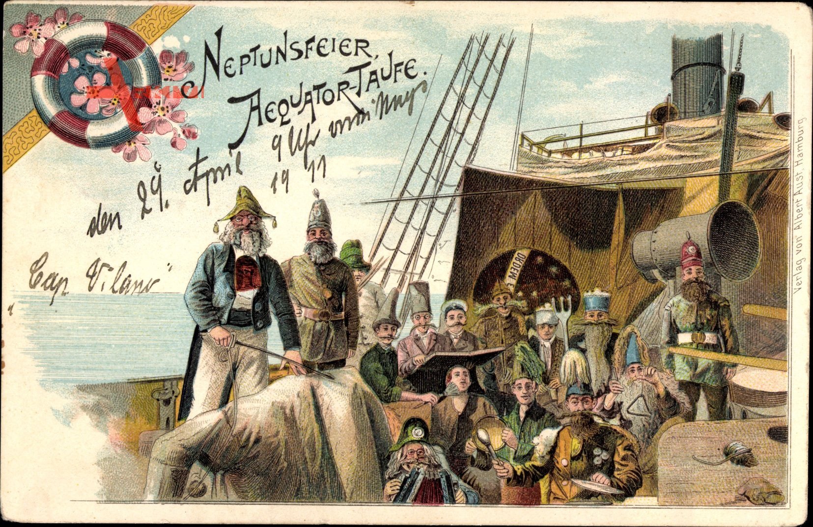 Neptunsfeier, Äquatortaufe, Seeleute in Kostümen, Dampfschiff