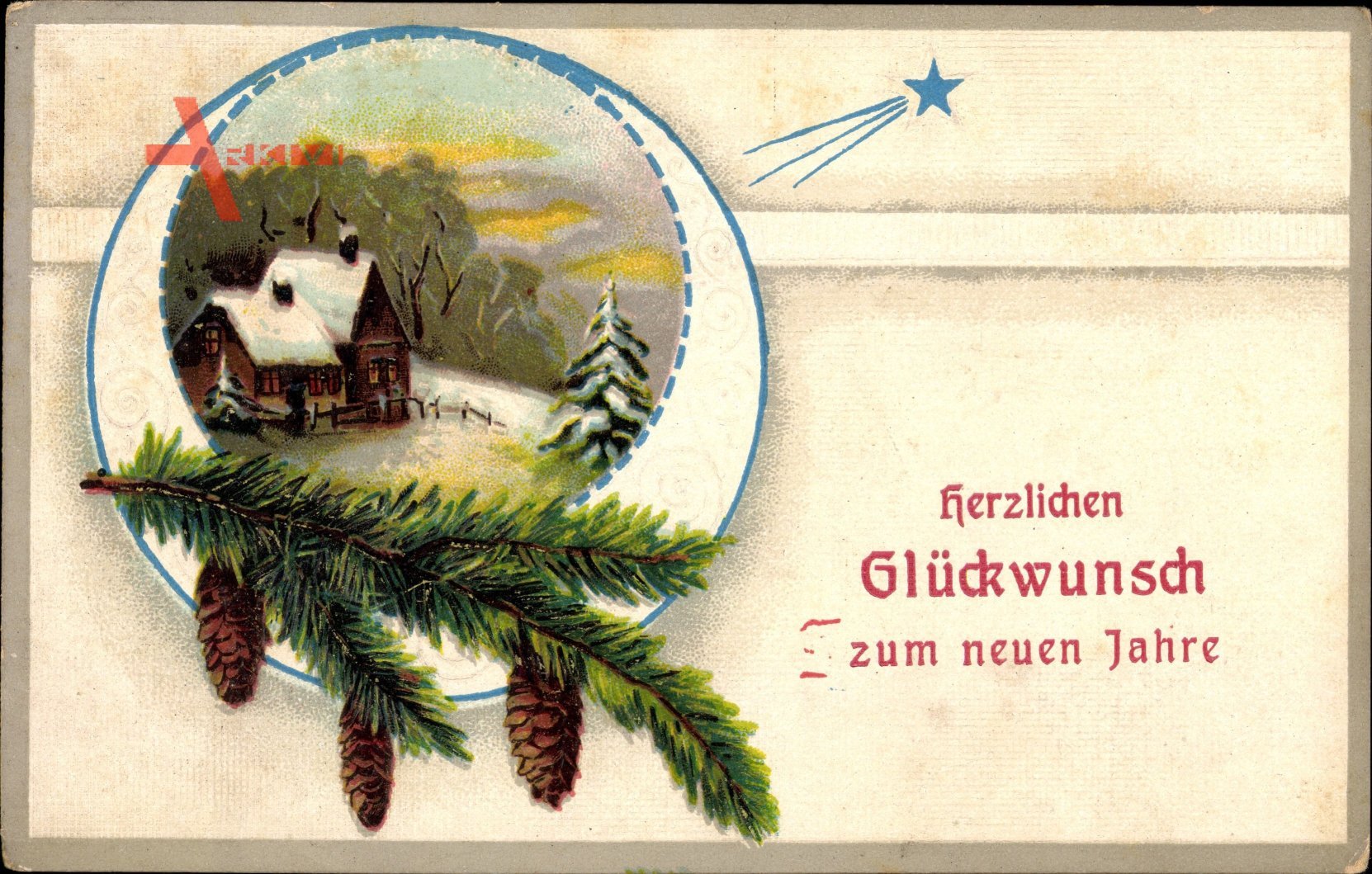 Glückwunsch Neujahr, Tannenzweige, Sternschnuppe, Winteridyll
