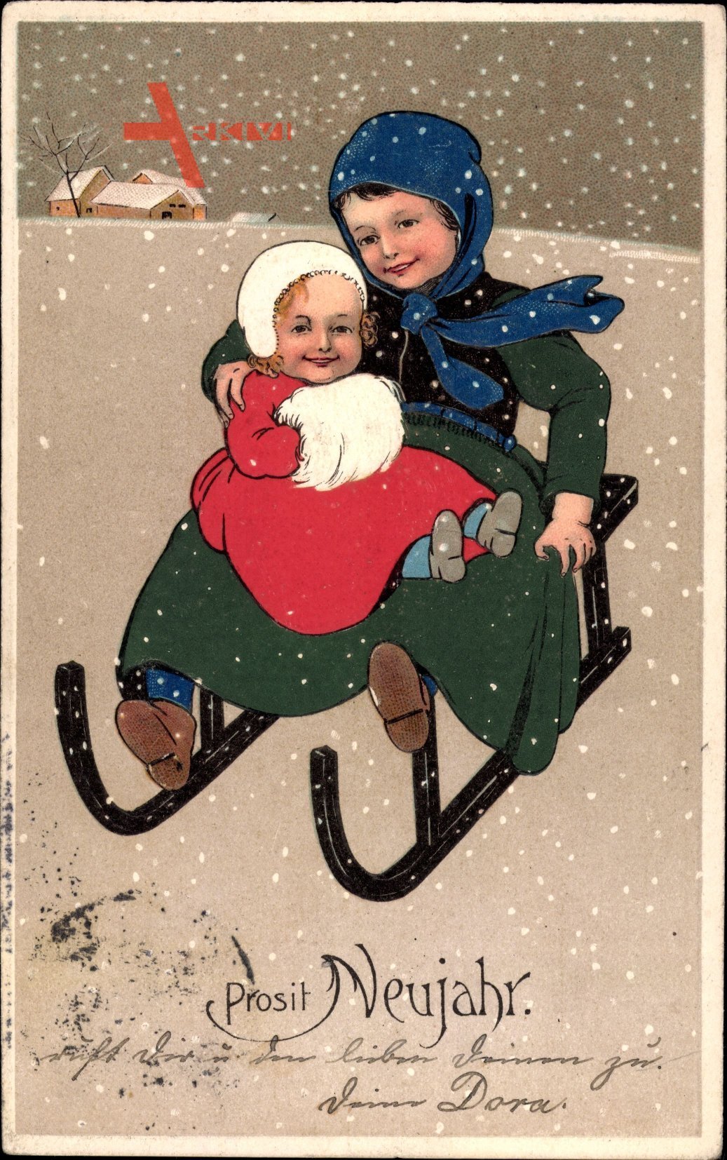 Glückwunsch Neujahr, Zwei Kinder auf einem Schlitten