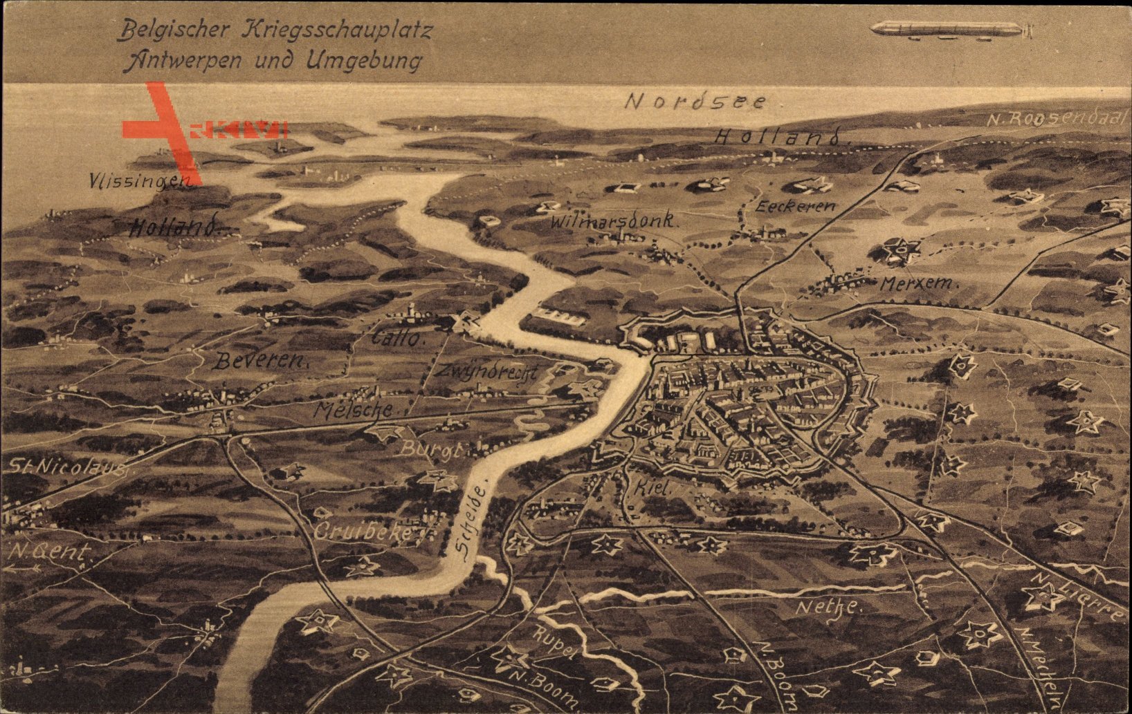 Landkarten Belgischer Kriegsschauplatz, Antwerpen und Umgebung, Zeppelin