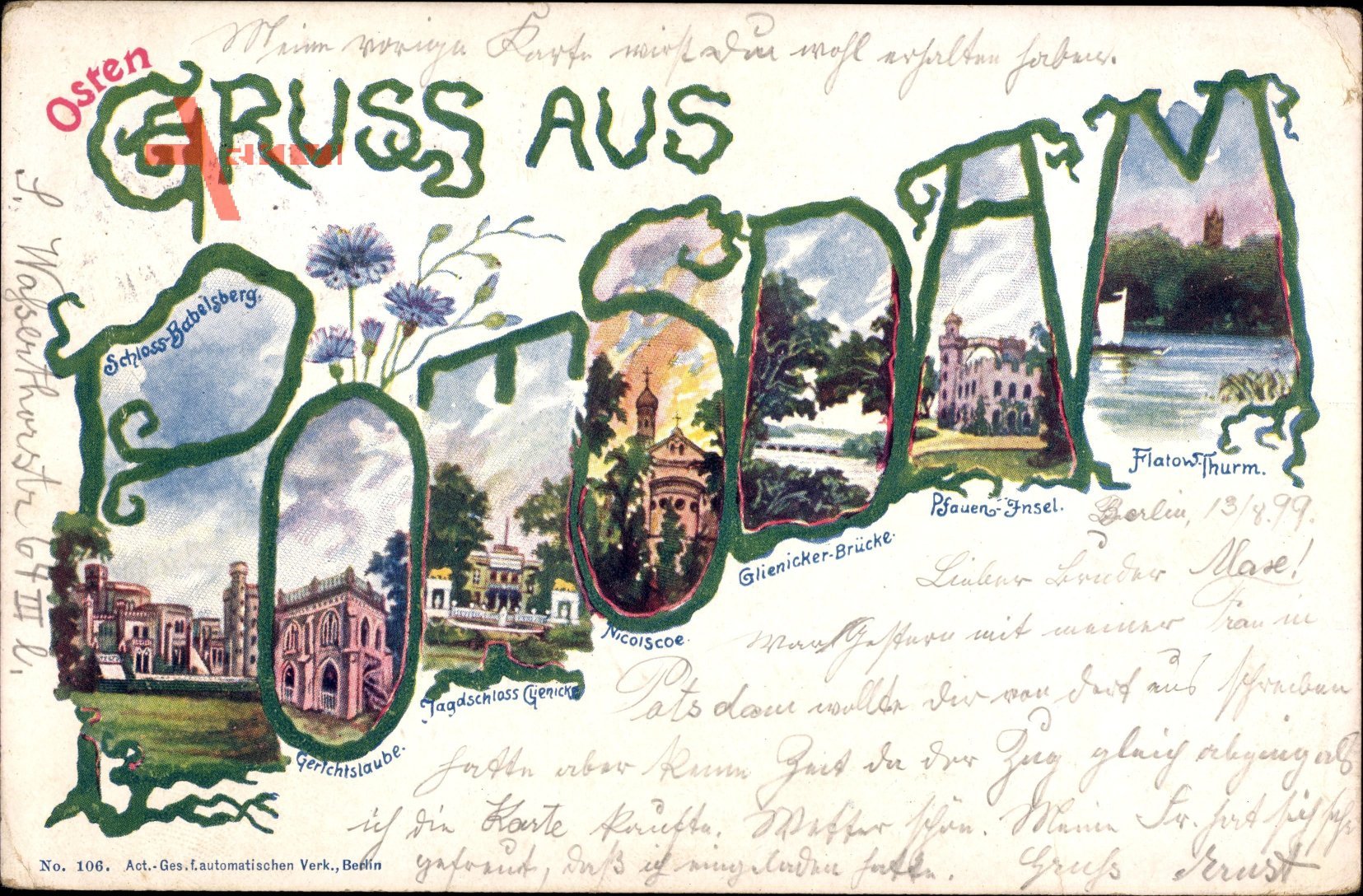 Buchstaben Potsdam Brandenburg, Schloss Babelsberg, Pfauen Insel, Flatow Turm