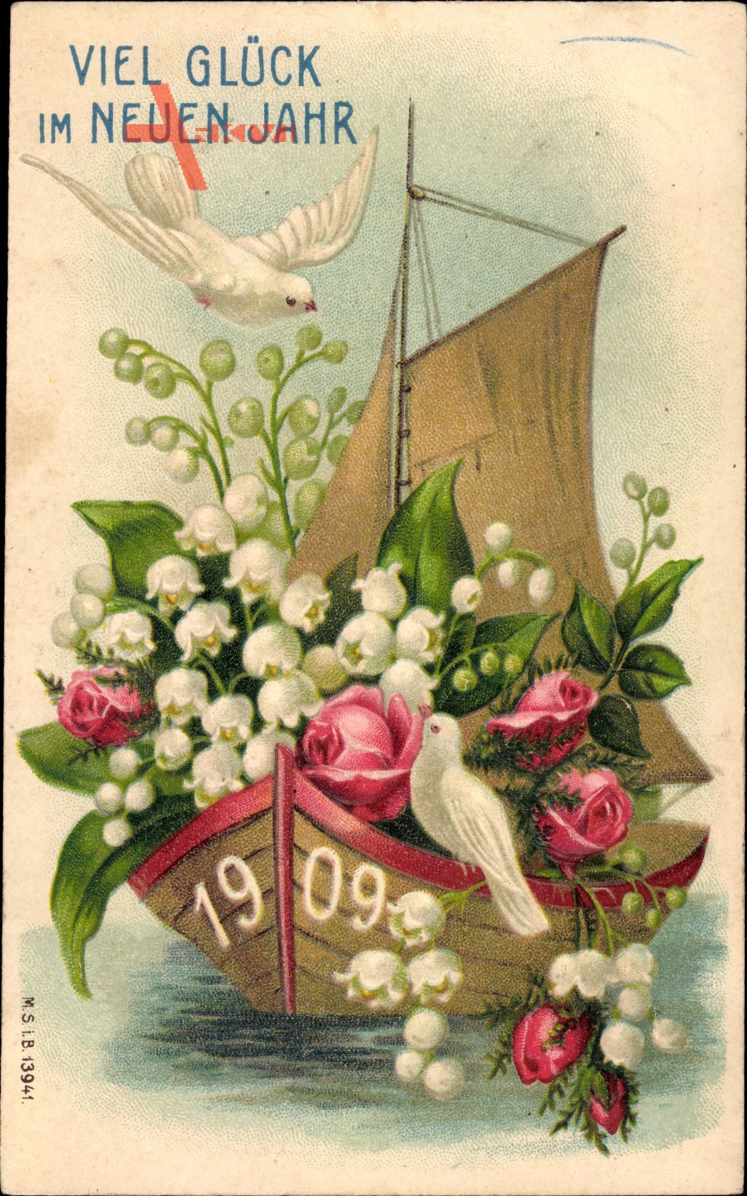 Glückwunsch Neujahr, Weiße Tauben, Blumen, Jahreszahl 1909