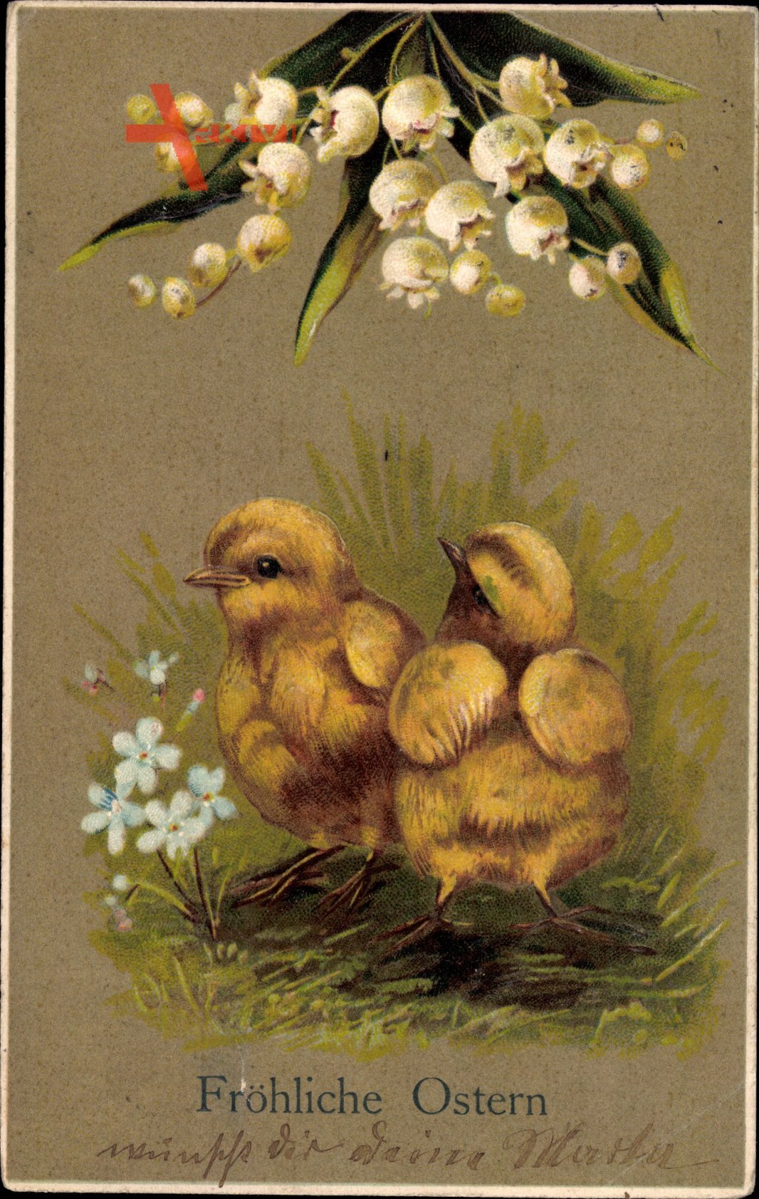Glückwunsch Ostern, Küken, Glockenblumen