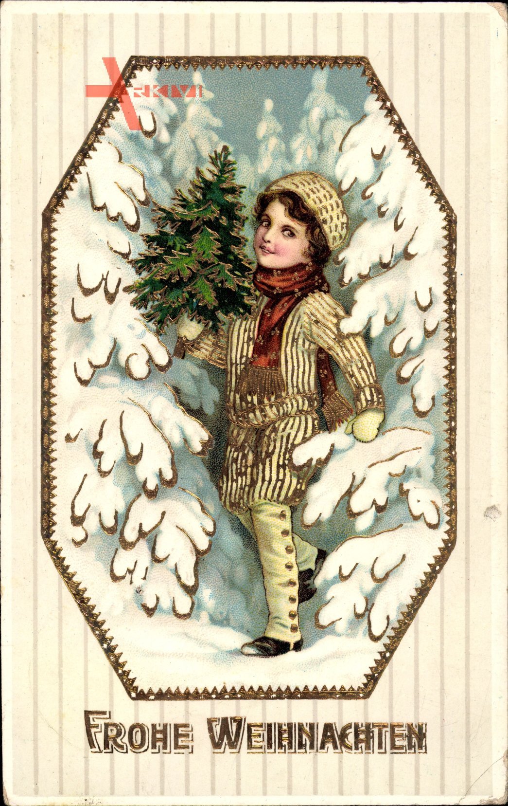 Frohe Weihnachten, Junge mit Tannenbaum, Winteridyll