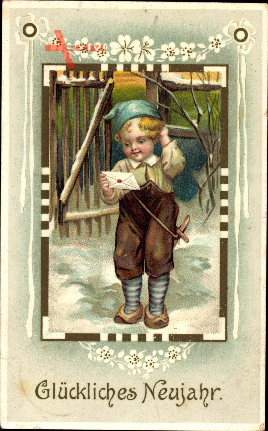 Glückwunsch Neujahr, Junge liest einen Brief, Kitsch, Holzschwert