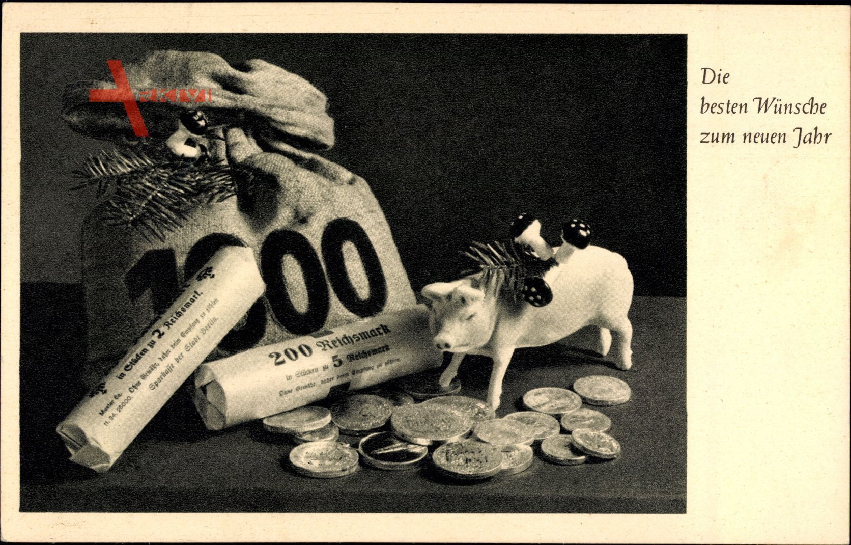 Glückwunsch Neujahr, Geldsack, Münzen, Schwein, 200 Reichsmark