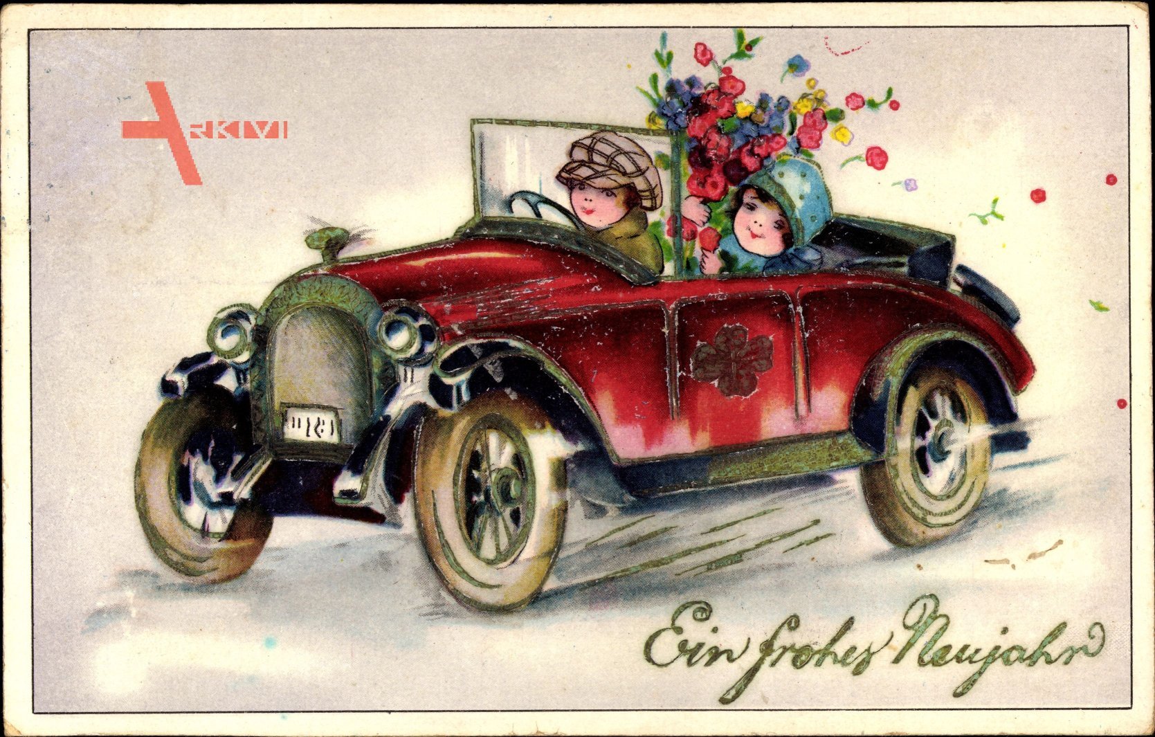 Glückwunsch Neujahr, Autofahrt, Blumenstrauß, Kitsch