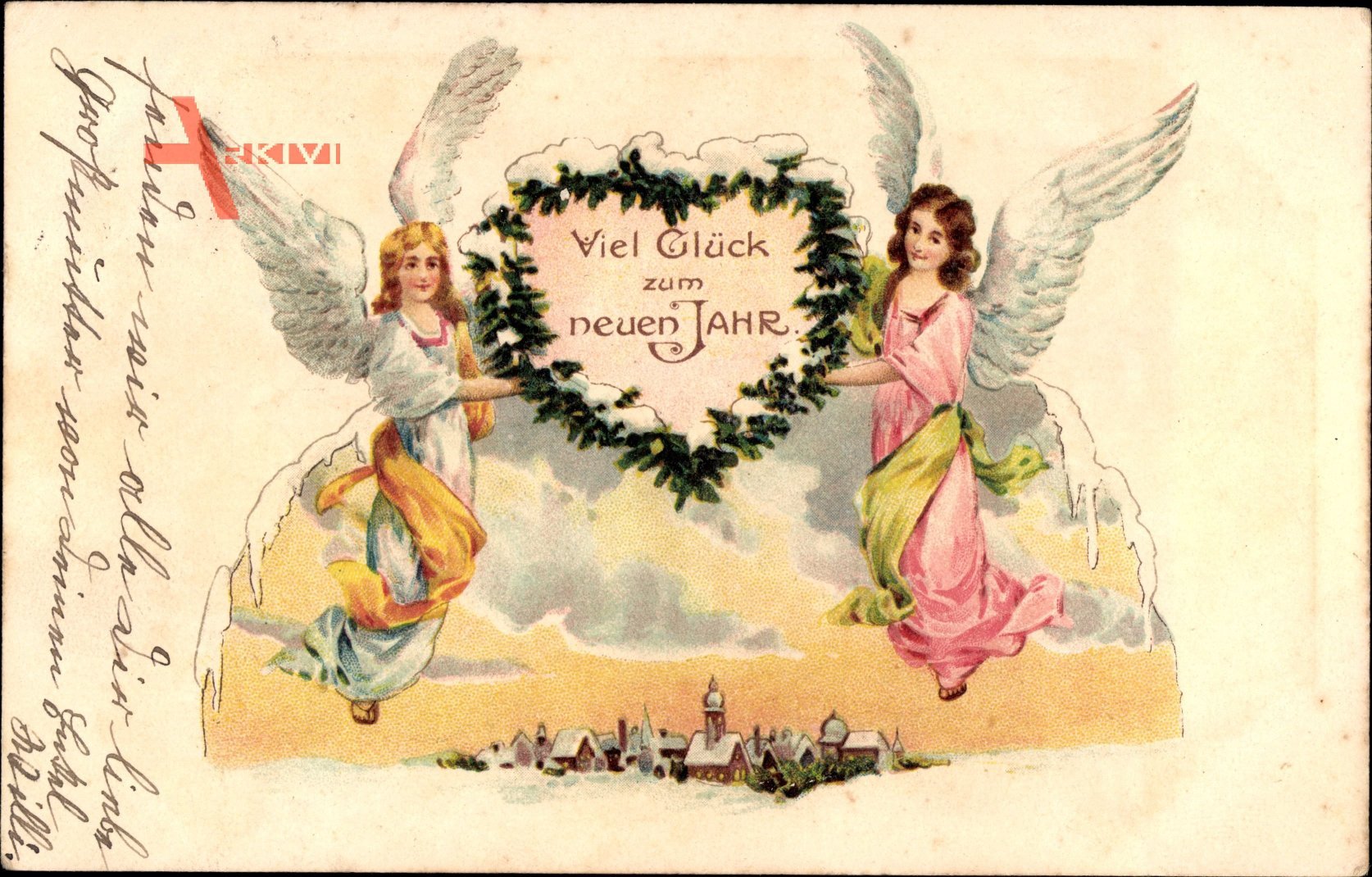 Glückwunsch Neujahr, Zwei Engel halten Herz hoch, Winteridyll