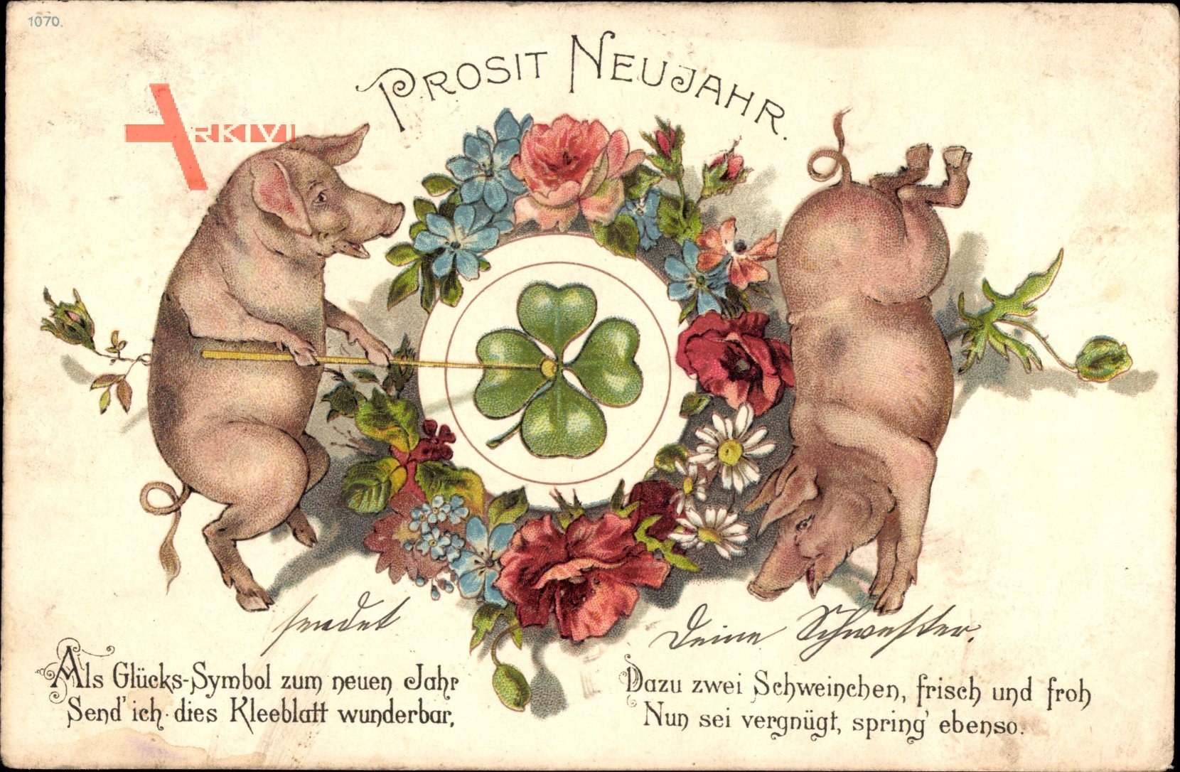 Glückwunsch Neujahr, Zwei Schweine, Kleeblatt, Kitsch