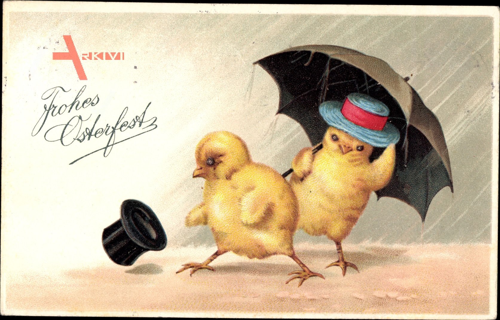 Glückwunsch Ostern, Zwei Küken unter dem Regenschirm, Zylinder