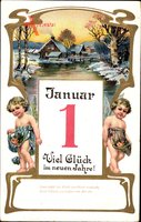 Passepartout Glückwunsch Neujahr, Zwei Engel, Fluss, Schnee, Haus