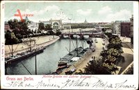 Berlin Tiergarten, Moltke Brücke mit Lehrter Bahnhof, Flusspartie