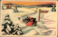 Glückwunsch Neujahr, Kind mit Tannenbaum im Schnee