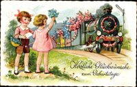 Glückwunsch Geburtstag, Eisenbahn, Dampflokomotive, Kinder, Kitsch