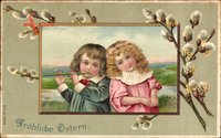 Glückwunsch Ostern, Zwei Kinder, Weidenkätzchen, Flöte