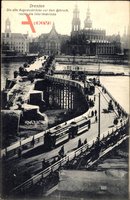 Dresden, Alte Augustbrücke vor dem Abbruch, Interimsbrücke, Straßenbahn
