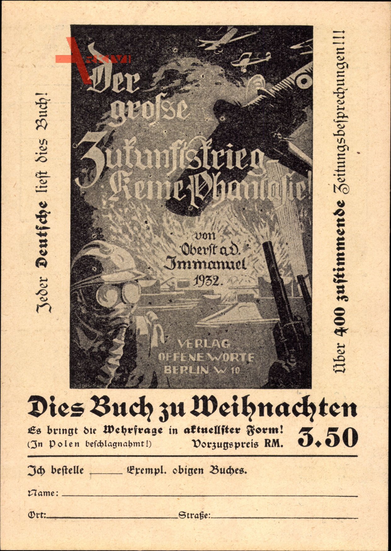 Bestellschein für Der große Zukunftskrieg - Keine Phantasie von Oberst a.D. Immanuel von 1932