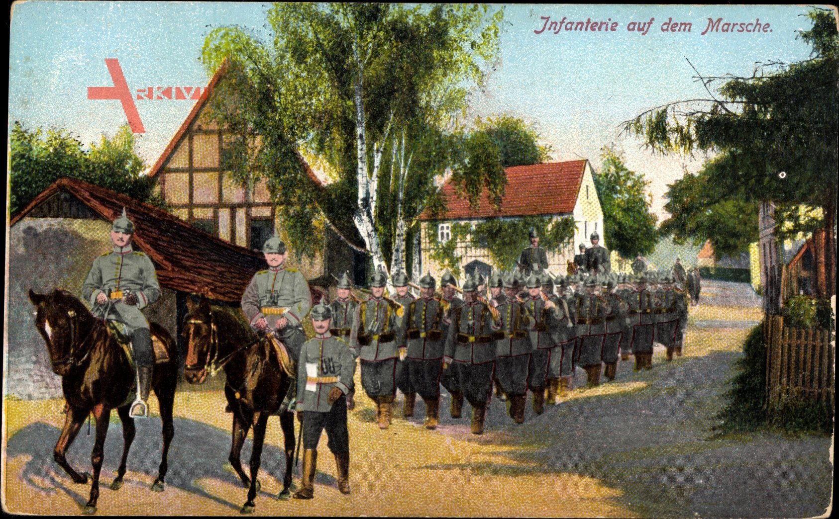 Deutsche Infanterie auf dem Marsche, Soldatenkolonne marschiert durch Ort