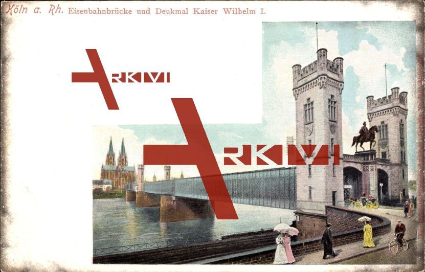 Köln Rhein, Eisenbahnbrücke, Denkmal Kaiser Wilhelm I, Passanten