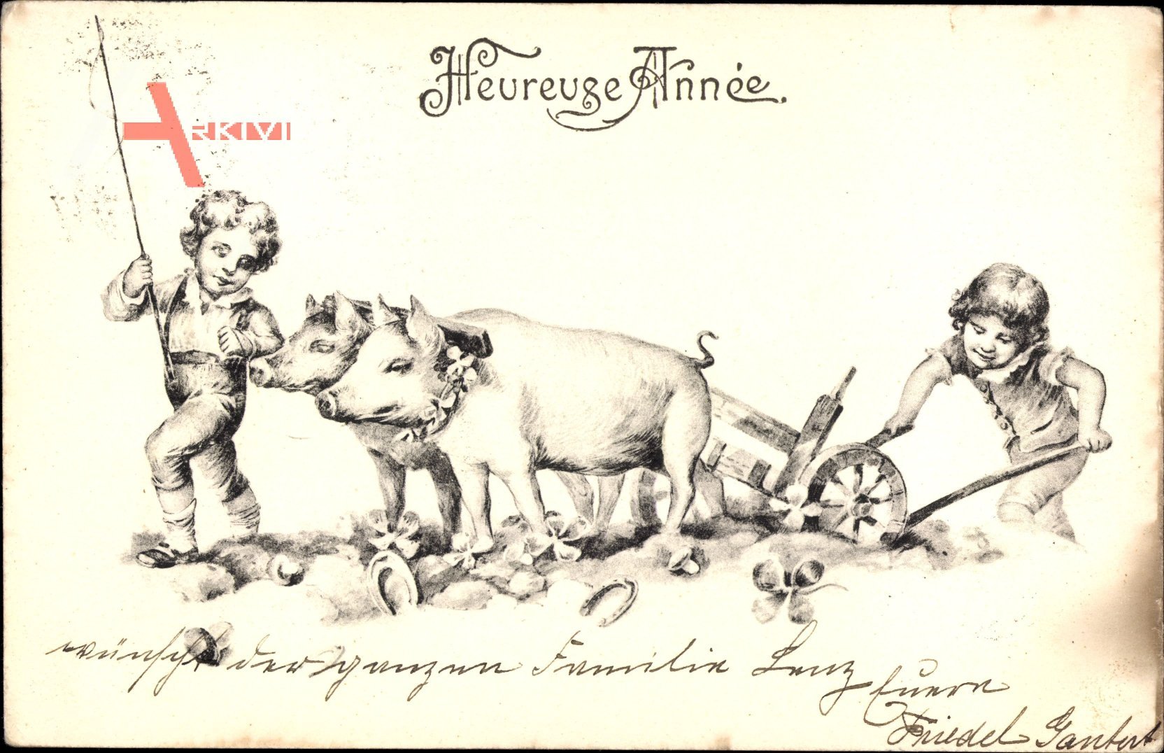 Glückwunsch Neujahr, Heureuse Annee, Schweine, Kinder, Kleeblätter