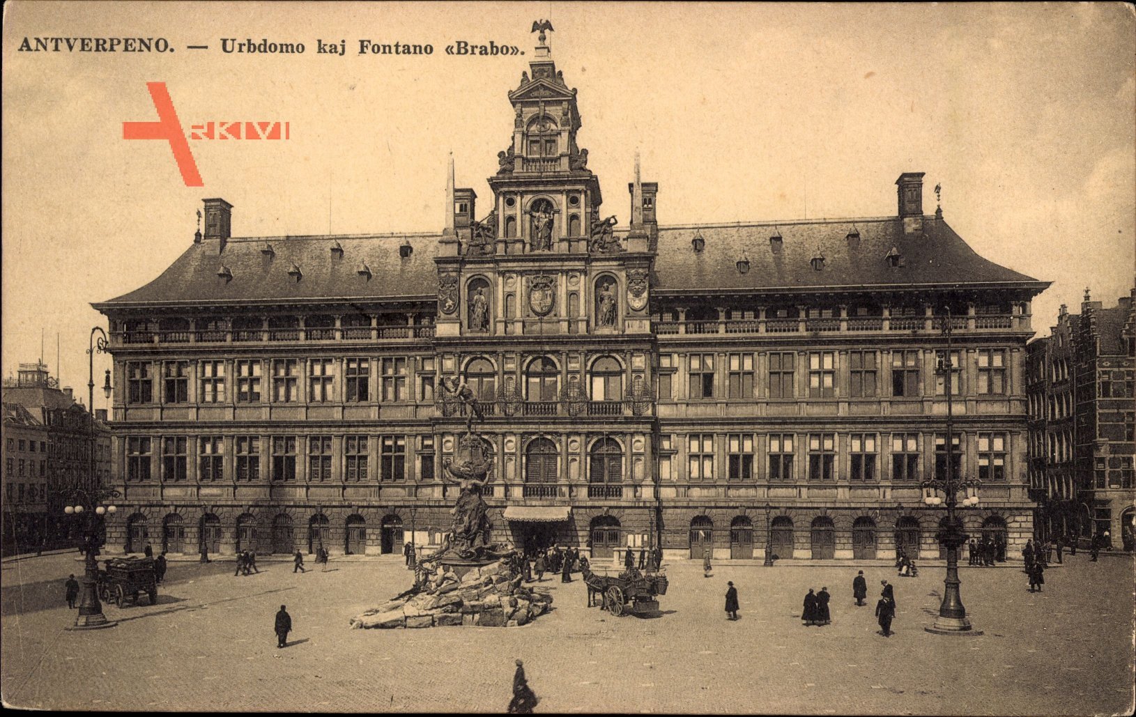 Antwerpen Flandern, Urbdomo kaj Fontano Brabo, Rathaus, Fontäne, Esperanto