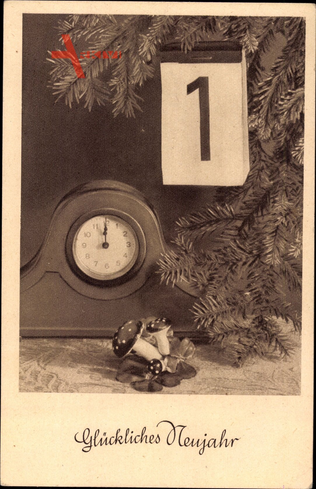 Glückwunsch Neujahr, Uhr, Kalenderblatt, Fliegenpilze, Kleeblätter