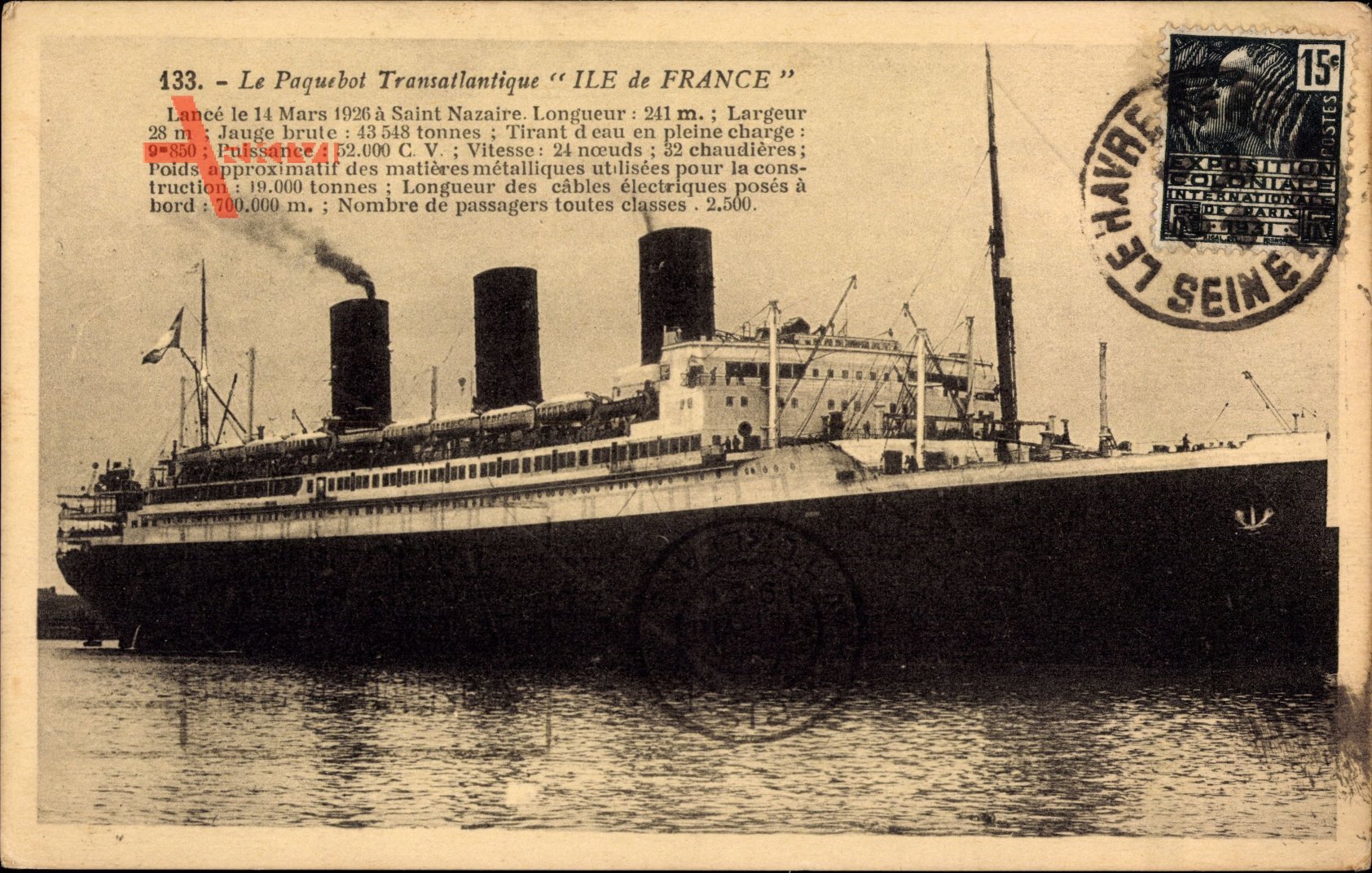 Paquebot Ile de France, Dampfschiff, CGT, French Line
