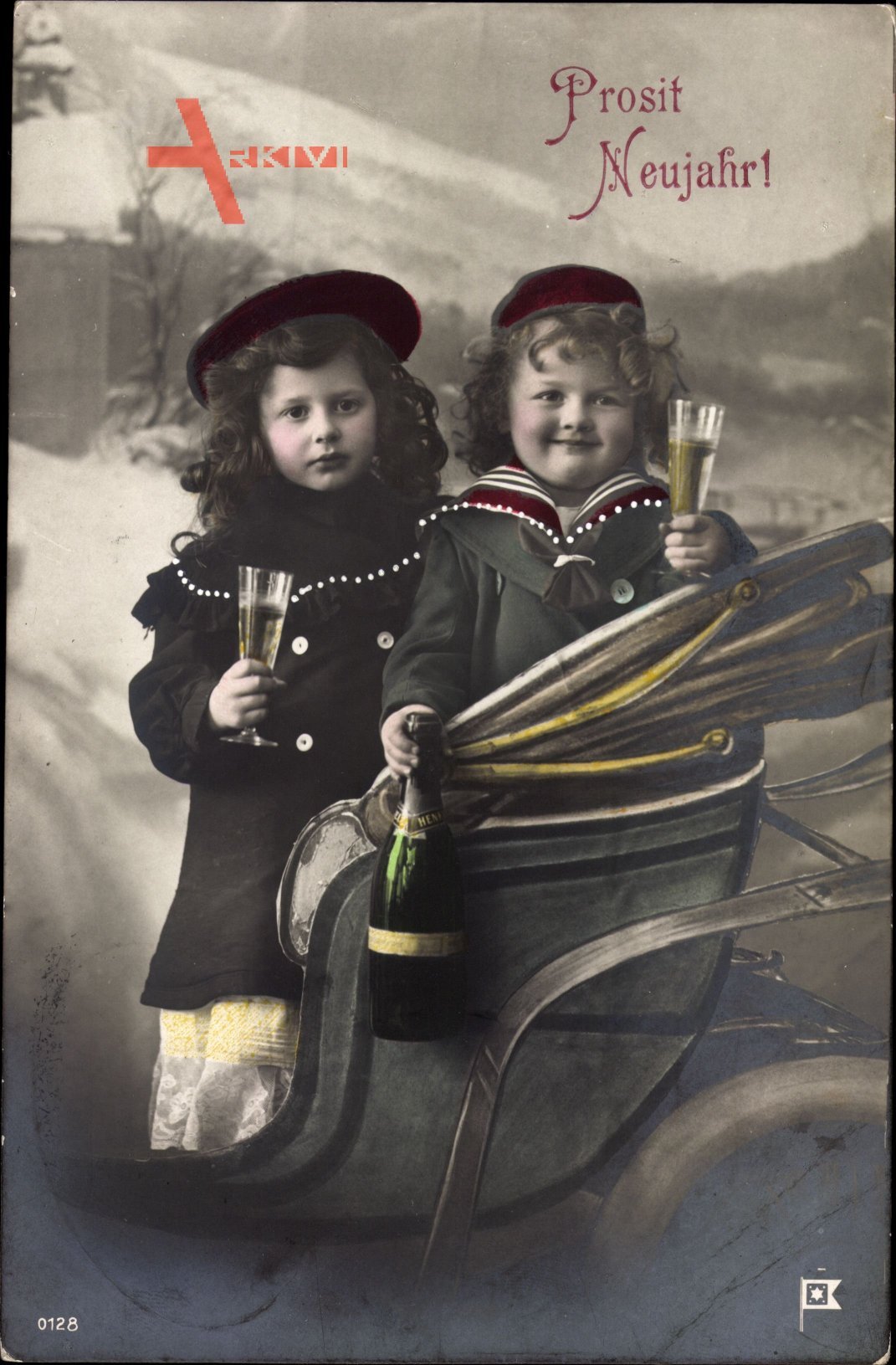Glückwunsch Neujahr, Zwei Kinder in einer Kutsche, Sektgläser