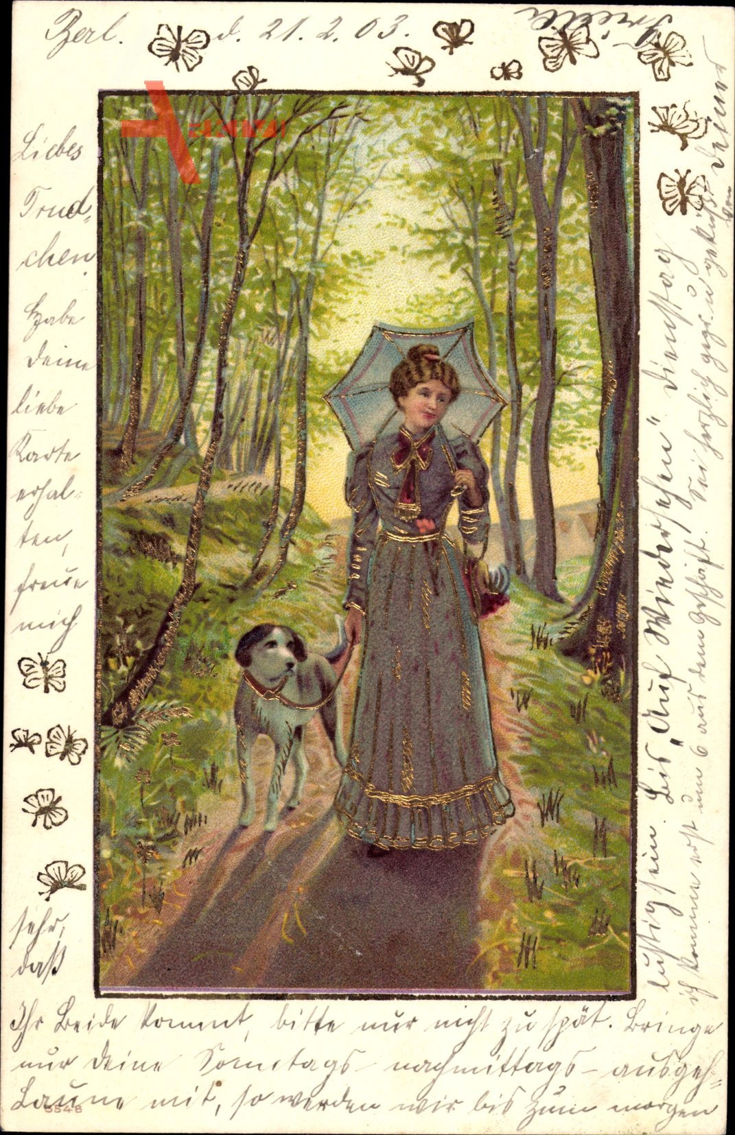 Passepartout Junge Frau mit Hund, Spaziergang im Wald, Schirm