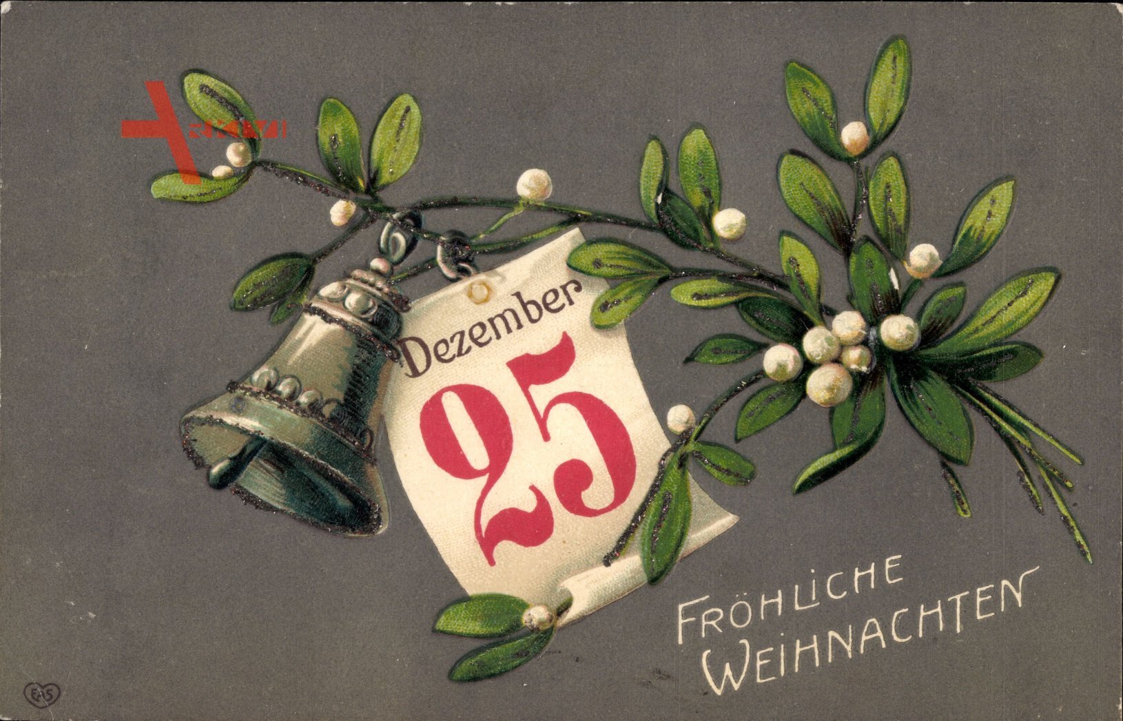 Glitzer Glückwunsch Weihnachten, Mistelzweig, Glocke, Kalenderblatt