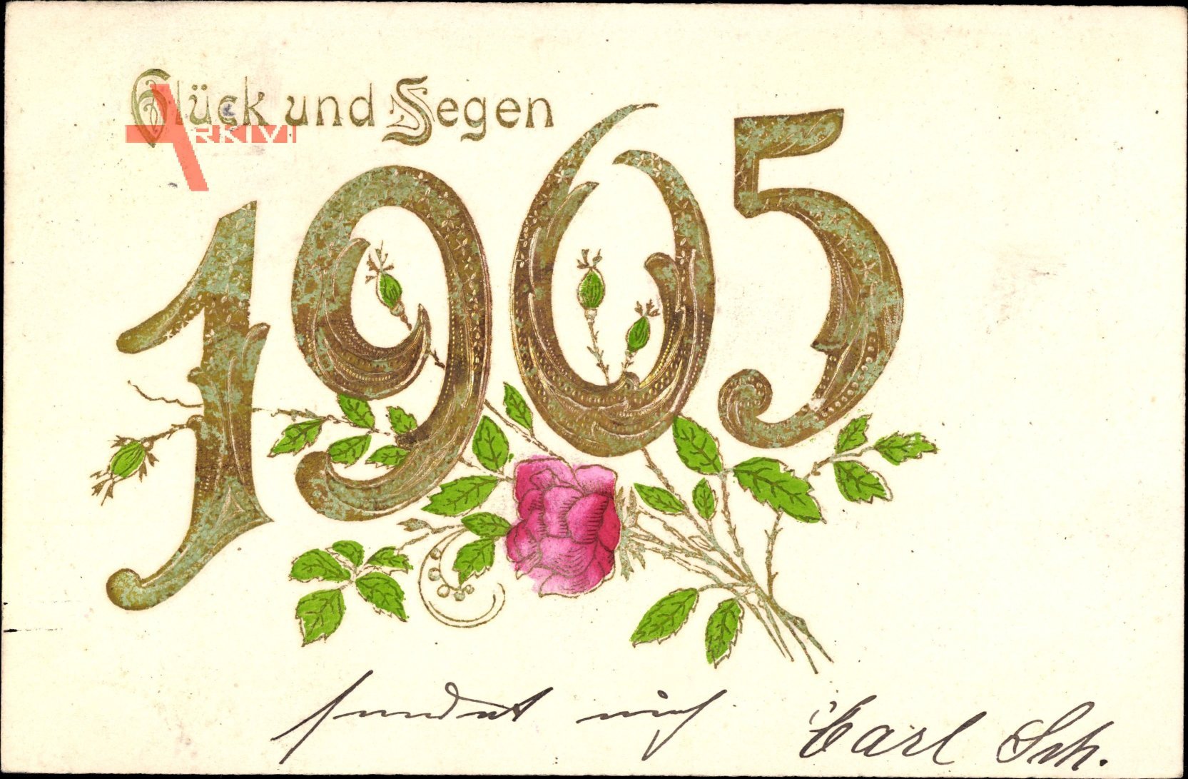 Glückwunsch Neujahr, Jahreszahl 1905, Rosenblüte, Glück und Segen