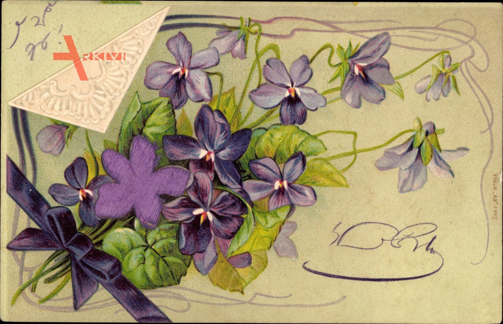 Material lila Blüten und Schleife, Blumenstrauß